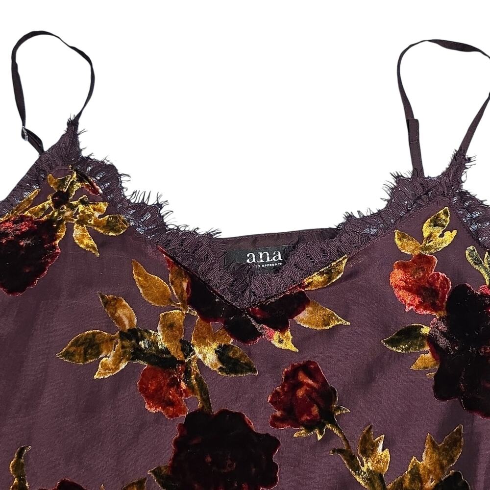 Womens Sz XL Y2K Velvet Burnout Dark Floral Lace Trim Camisole Purple Red Gold